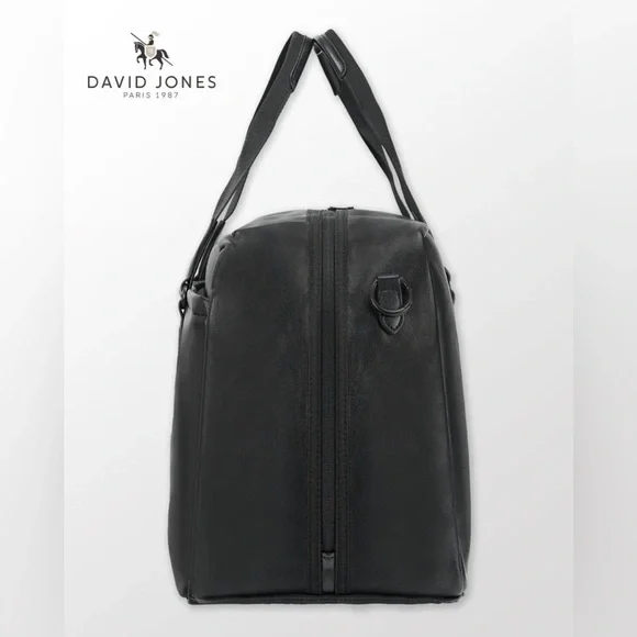 NWT David Jones Black Leather Travel Duffle Bag Gym Weekender 20x11x9 in - Picture 2 of 11